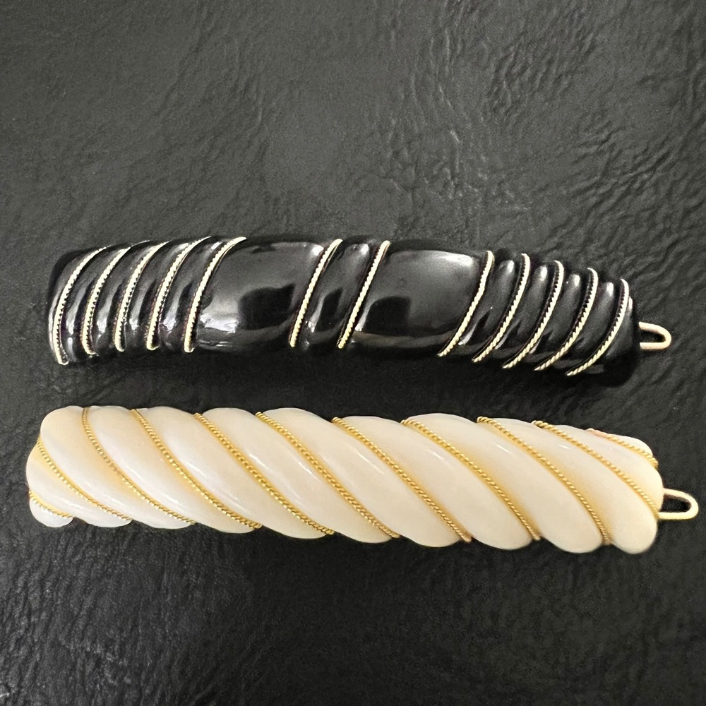 Vintage Twisted Resin Hair Barrette‎ Set Black Cream Gold Tone 3.5" Cottagecore